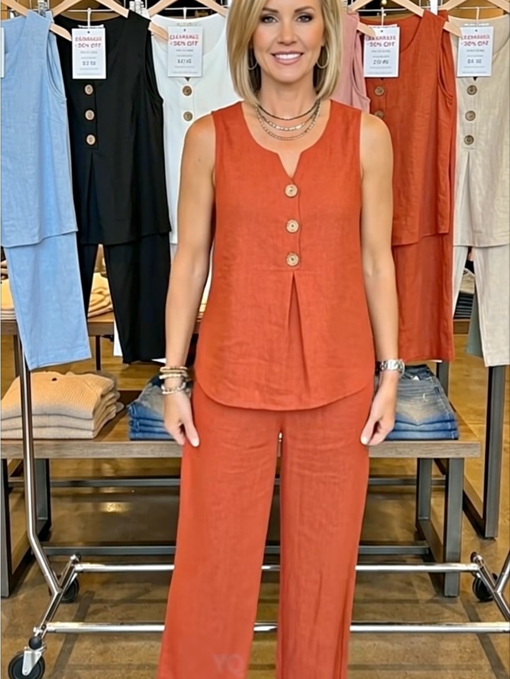 Sleeveless Button Front Linen Jumpsuit - orange